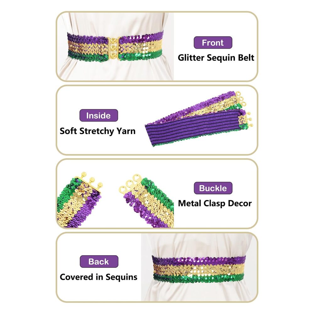2475 Women's Glitter Sequin Belts Stretchy Sparkly Cinch Belt Disco Party - Picture 2 of 5